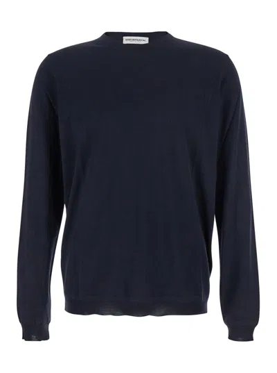 Goes Botanical Blue Crewneck Sweater With Ribbed Trims In Wool Man In Black