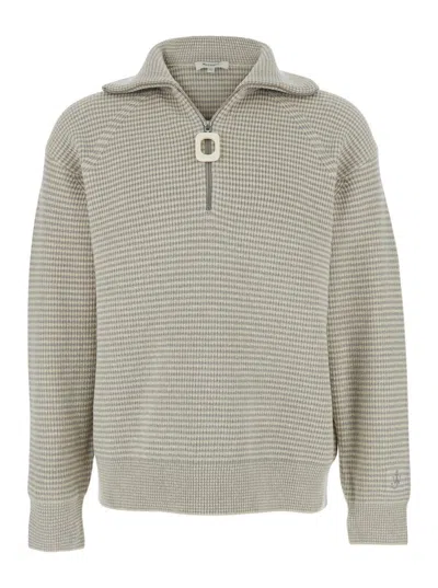 Jw Anderson Grey Sweater With Half Zip Closure On The Front In Cotton Piquet Man In Neutral