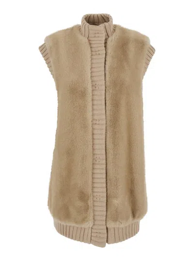 Pinko 'genovese' Beige Sleeveless Vest With High Neck And Ribbed Details  In Ecofur Woman In Multi