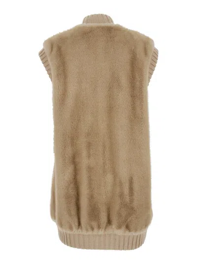 Pinko 'genovese' Beige Sleeveless Vest With High Neck And Ribbed Details  In Ecofur Woman In Multi