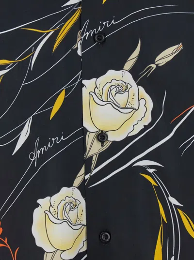 Amiri Men Black Bowling Shirt With Cuban Collar And All-over Floral Motif In Viscose Man In Black