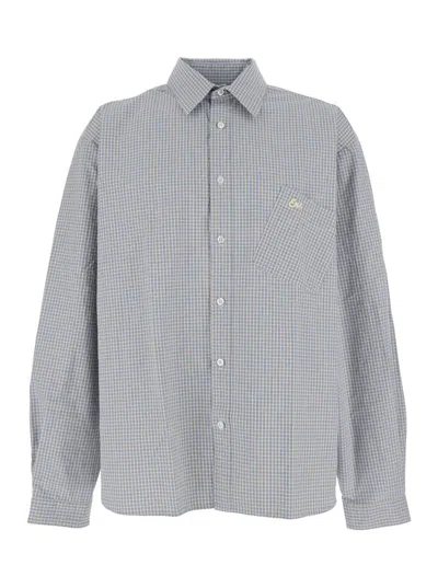 Erl Beige Shirt With Logo Embroidery On The Front And All-over Check Motif In Cotton Man In Gray