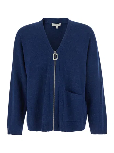 Jw Anderson Blue Cardigan With V Neck And And Front Zip Closure In Wool Blend Man In Blue
