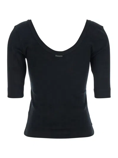 Brunello Cucinelli Ribbed Scoop Neck Short Sleeve Top In Black
