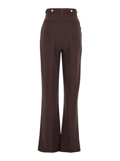 Elisabetta Franchi Bordeaux Pants With Jewel Button Embellishments And Pences In Tech Fabric Stretch Woman In Brown