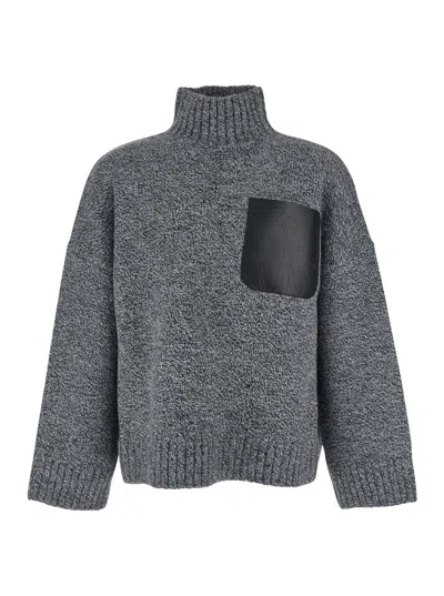 Jw Anderson Grey Sweater With High Neck And One Front Patch Leather Pocket In Wool Blend Man In Gray