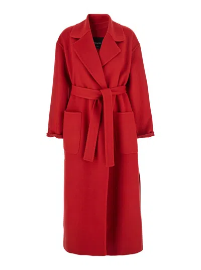 Fabiana Filippi Long Cashmere Wool Coat Belted At Waist In Red
