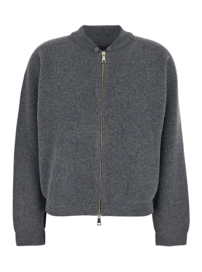 Fabiana Filippi Grey Ribbed Knit Sweatshirt With Front Zip Closure In Wool Blend Woman In Gray