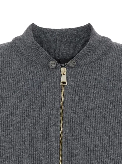 Fabiana Filippi Grey Ribbed Knit Sweatshirt With Front Zip Closure In Wool Blend Woman In Gray