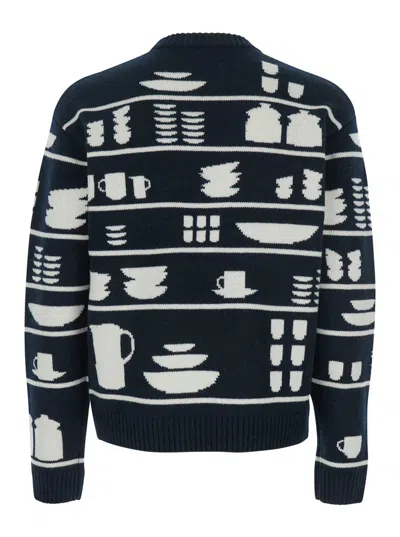 Jw Anderson Black And White Crewneck Sweater With Tableware Motif In Wool Man In Blue