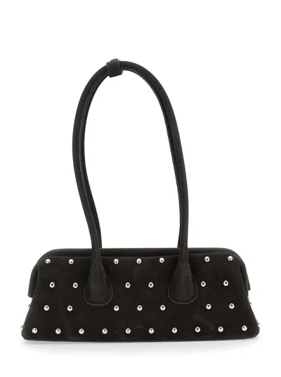 Osoi Boat Wide Mini Brown Shoulder Bag With Round Handles And Beaded Embellishment In Suede Woman In Brown