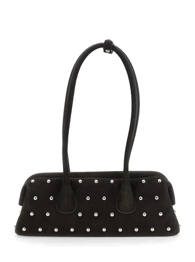 Osoi Boat Wide Mini Brown Shoulder Bag With Round Handles And Beaded Embellishment In Suede Woman In Brown