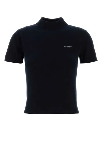 Miu Miu Cashmere Sweater With Mock Neck And Short Sleeves In Black