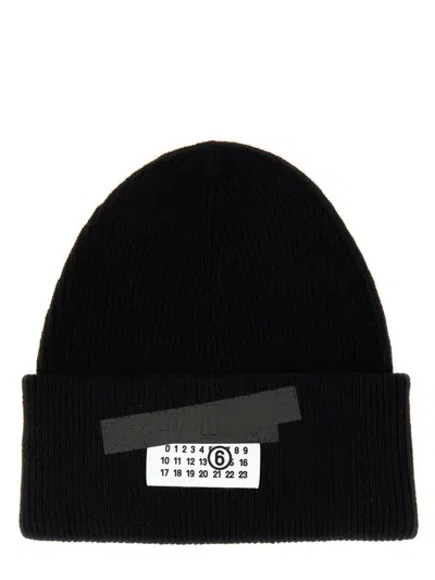 Mm6 Maison Margiela Mm6 By Maison Margiela Ribbed Knit Wool Beanie With Folded Cuff And Label In Black