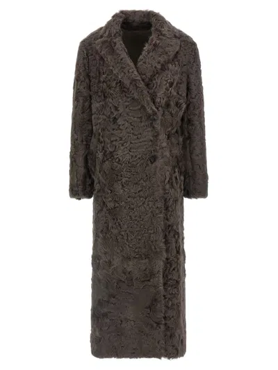 Brunello Cucinelli Long Faux Fur Coat With Notched Lapels In Brown
