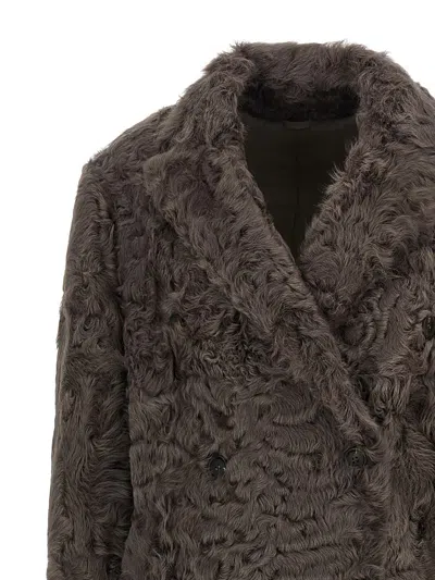 Brunello Cucinelli Long Faux Fur Coat With Notched Lapels In Brown