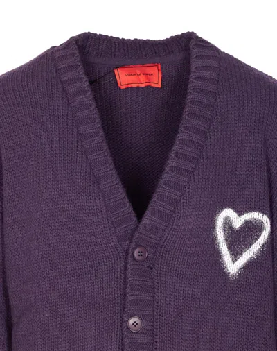 Vision Of Super Heart-embroidered Button Cardigan In Purple