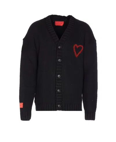 Vision Of Super Heart-embroidered Button Cardigan In Black