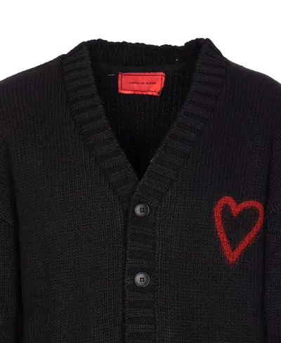 Vision Of Super Heart-embroidered Button Cardigan In Black