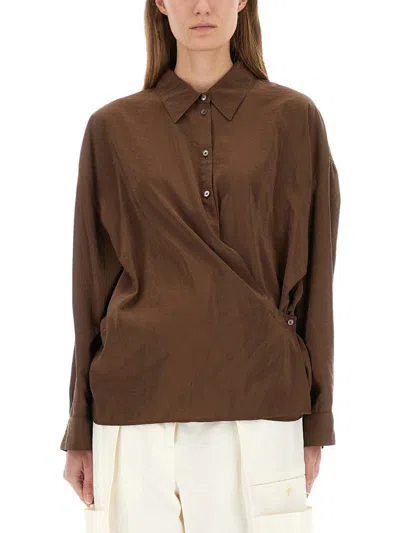 Lemaire Straight Collar Twisted Cotton Shirt In Brown