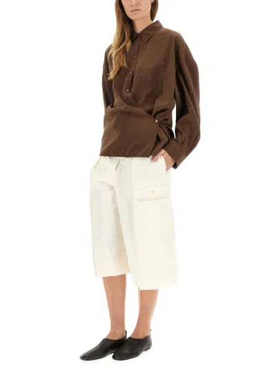 Lemaire Straight Collar Twisted Cotton Shirt In Brown