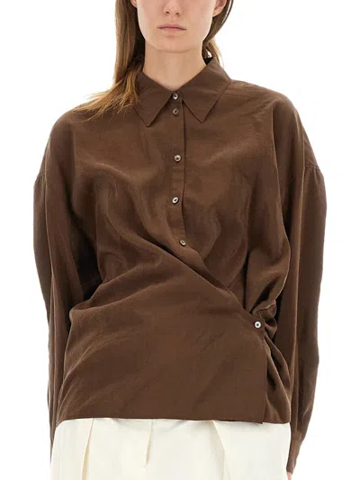 Lemaire Straight Collar Twisted Cotton Shirt In Brown
