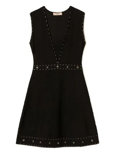 Twinset Twin-set Sleeveless Mini Dress With Deep V-neckline And Decorative Studs In Black