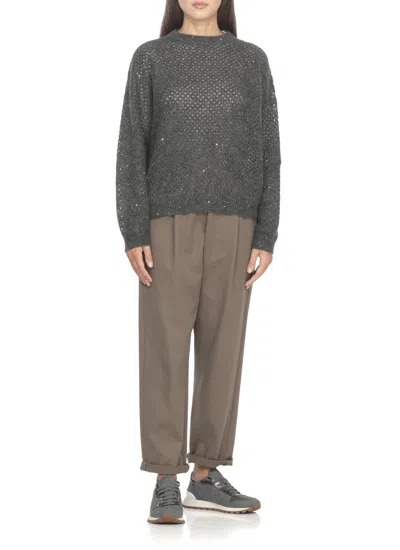 Brunello Cucinelli Runners In Techno Fabric And Calfskin With Precious Trim In Gray