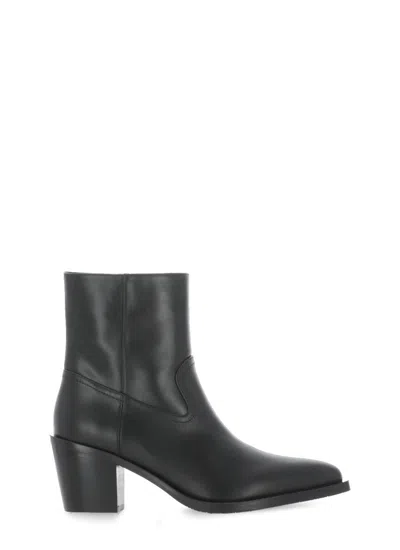 Stuart Weitzman Leather Block Heel Ankle Boots With Pointed Toe In Black