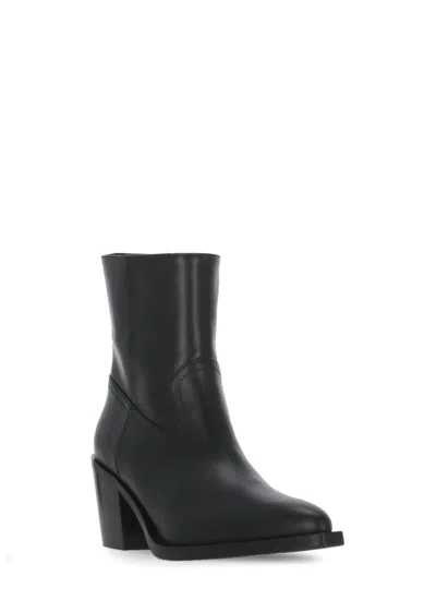 Stuart Weitzman Leather Block Heel Ankle Boots With Pointed Toe In Black