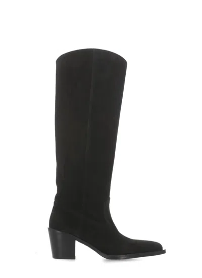 Stuart Weitzman Under-the-knee 5050 Suede And Fabric Boots In Black