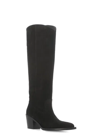Stuart Weitzman Under-the-knee 5050 Suede And Fabric Boots In Black