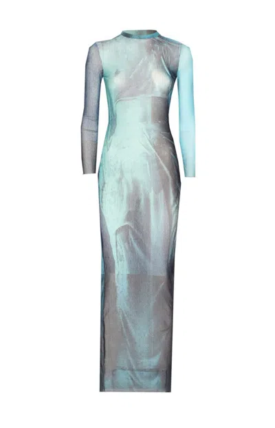 Jean Paul Gaultier "water" Mesh Long Dress In Blue