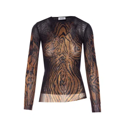 Jean Paul Gaultier Wood Printed Mesh Long Sleeve Top In Brown