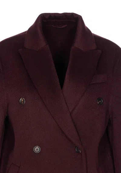 Brunello Cucinelli Hand-crafted Coat In Cashmere Double Beaver Cloth With Monili In Red