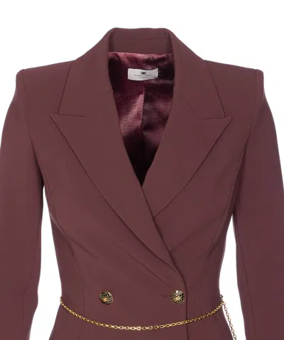 Elisabetta Franchi Midi Dress With Long Sleeves And Chain In Burgundy