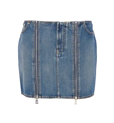 Jean Paul Gaultier Denim Miniskirt With Double Vertical Silver Zippers In Blue