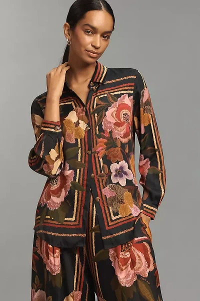 Farm Rio Chenille Flowers Long-sleeve Buttondown Blouse In Multi