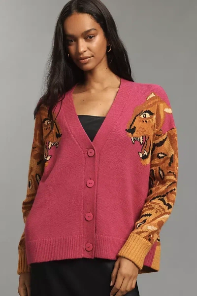 Farm Rio Intarsia Tiger Colorblock Cardigan In Pink
