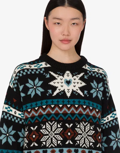 Moschino Fitted White Long-sleeved Sweater With Minimalist Logo Detail In Blue