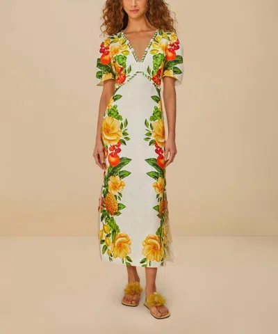 Farm Rio Off-white Picnic Flowers Euroflax Premium Linen Maxi Dress