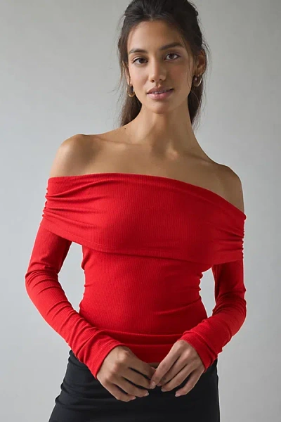 Kimchi Blue Lily Ruched Foldover Off-the-shoulder Knit Top In Red, Women's At Urban Outfitters In Red
