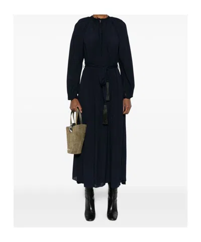 Forte Forte Long Dress With A-line Skirt And Tie Neck In Blue