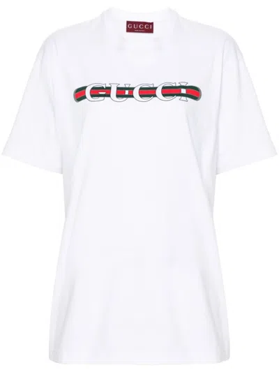 Gucci Women White Crewneck T-shirt Wth Web Print With Logo Lettering On The Front In Cotton Woman
