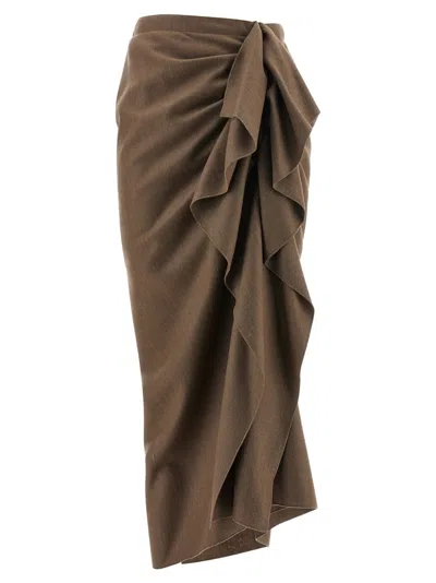 Fabiana Filippi Pinstriped Virgin Wool Midi Skirt With Draping In Brown