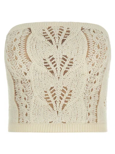 Ermanno Scervino Strapless Cropped Knit Top With Sheer Accents In White