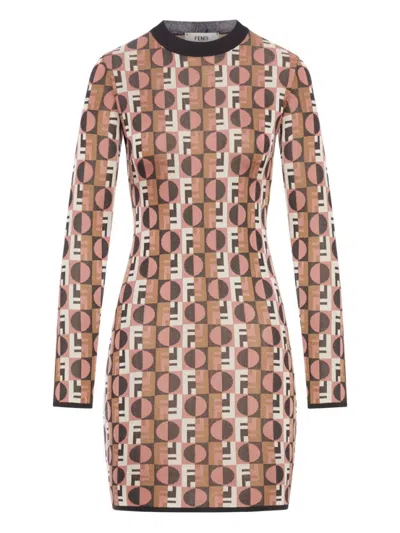 Fendi Optical Crew Neck Geometric Pattern Dress In Brown