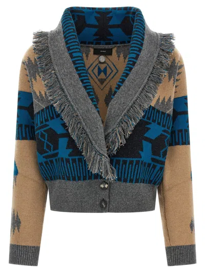 Alanui Geometric Jacquard Belted Fringe Cardigan In Blue