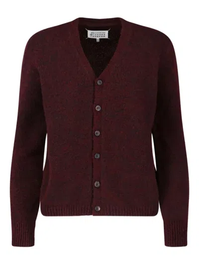 Maison Margiela Washed Wool Knit Cardigan In Burgundy