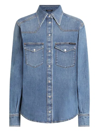 Dolce & Gabbana Denim Cotton Shirt With Chest Pockets In Blue